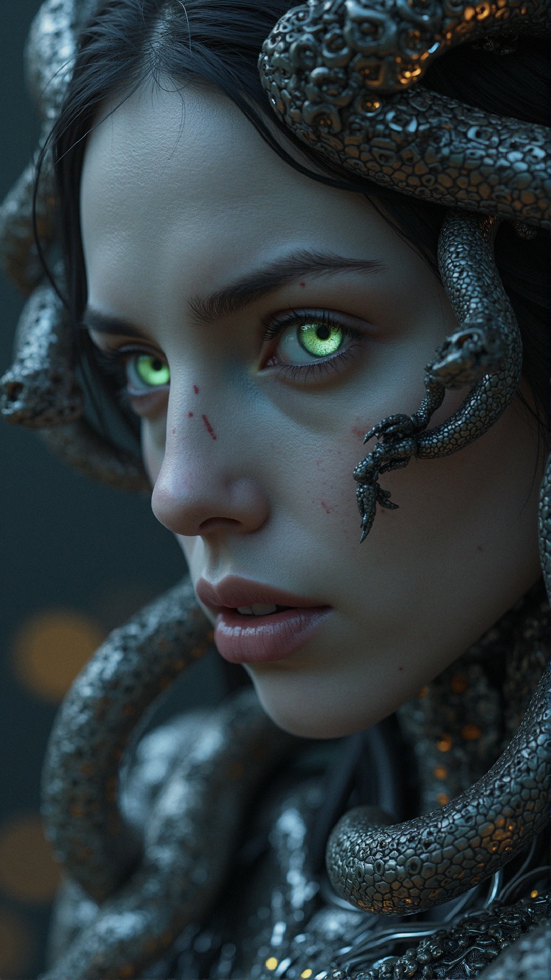 Portrait of a figure with glowing green eyes and tendrils
