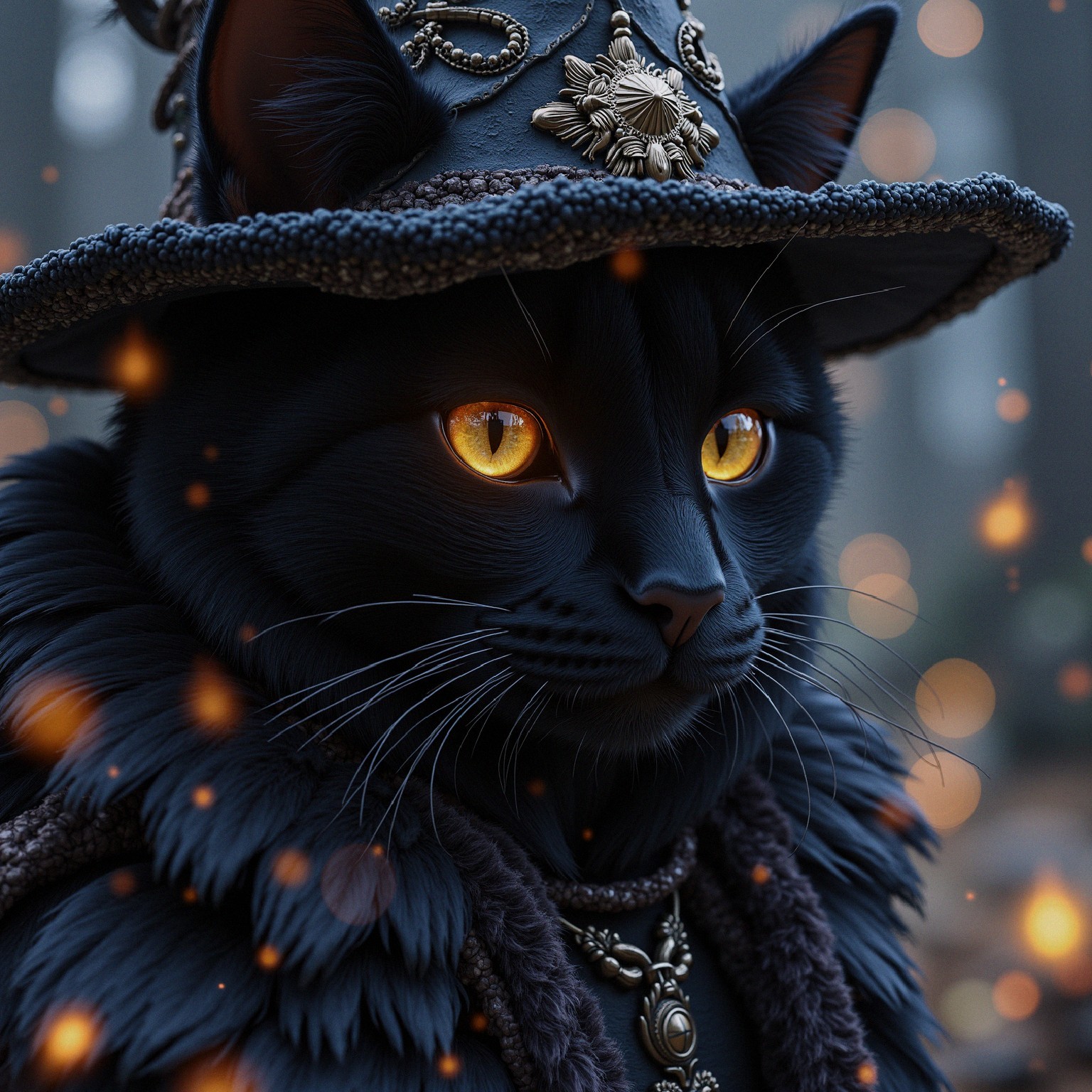 Majestic black cat in wizard hat and cloak in forest