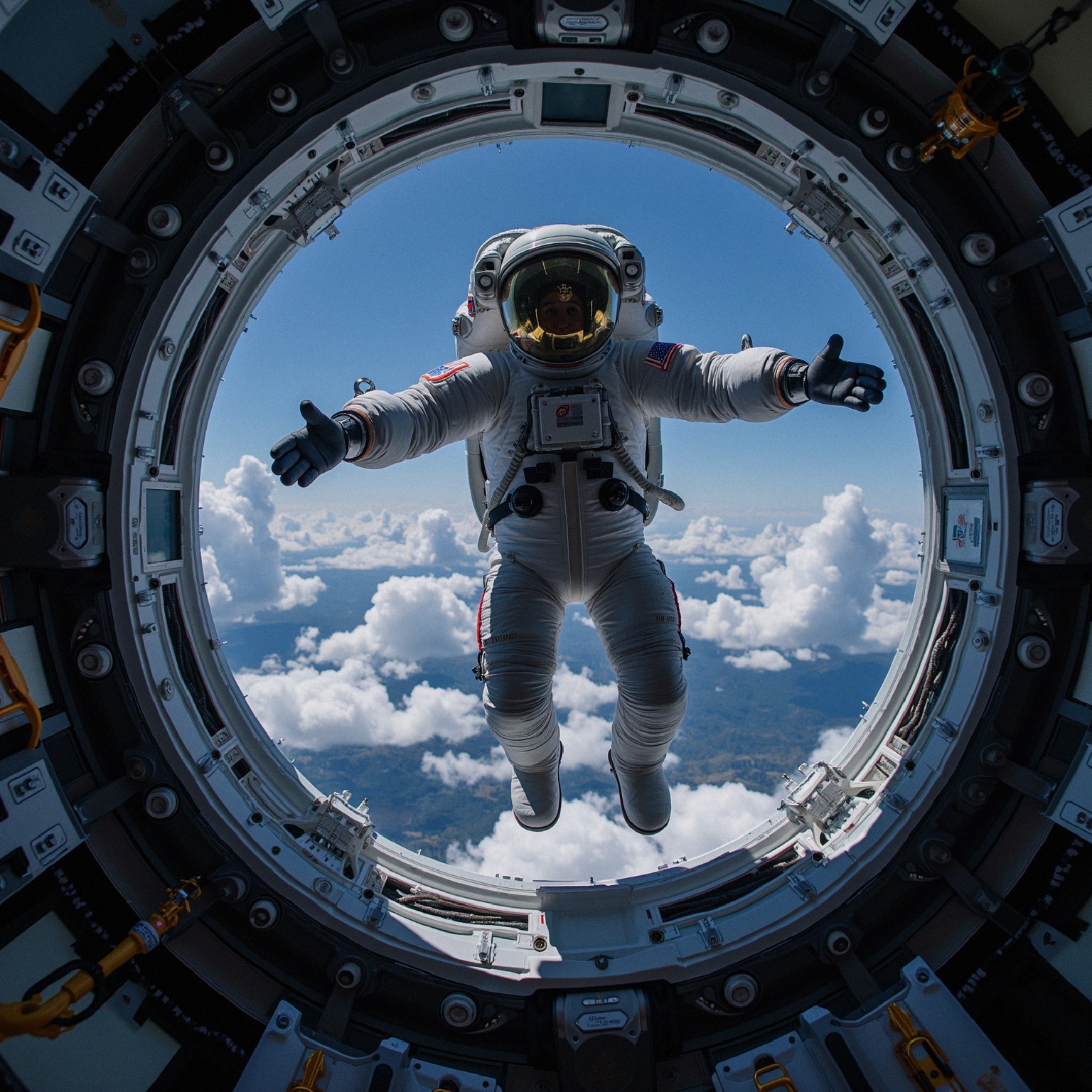 Astronaut in Spacesuit Floating Outside Spacecraft