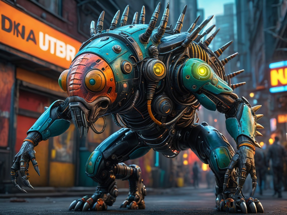 Robotic Creature in Futuristic Urban Alley Setting