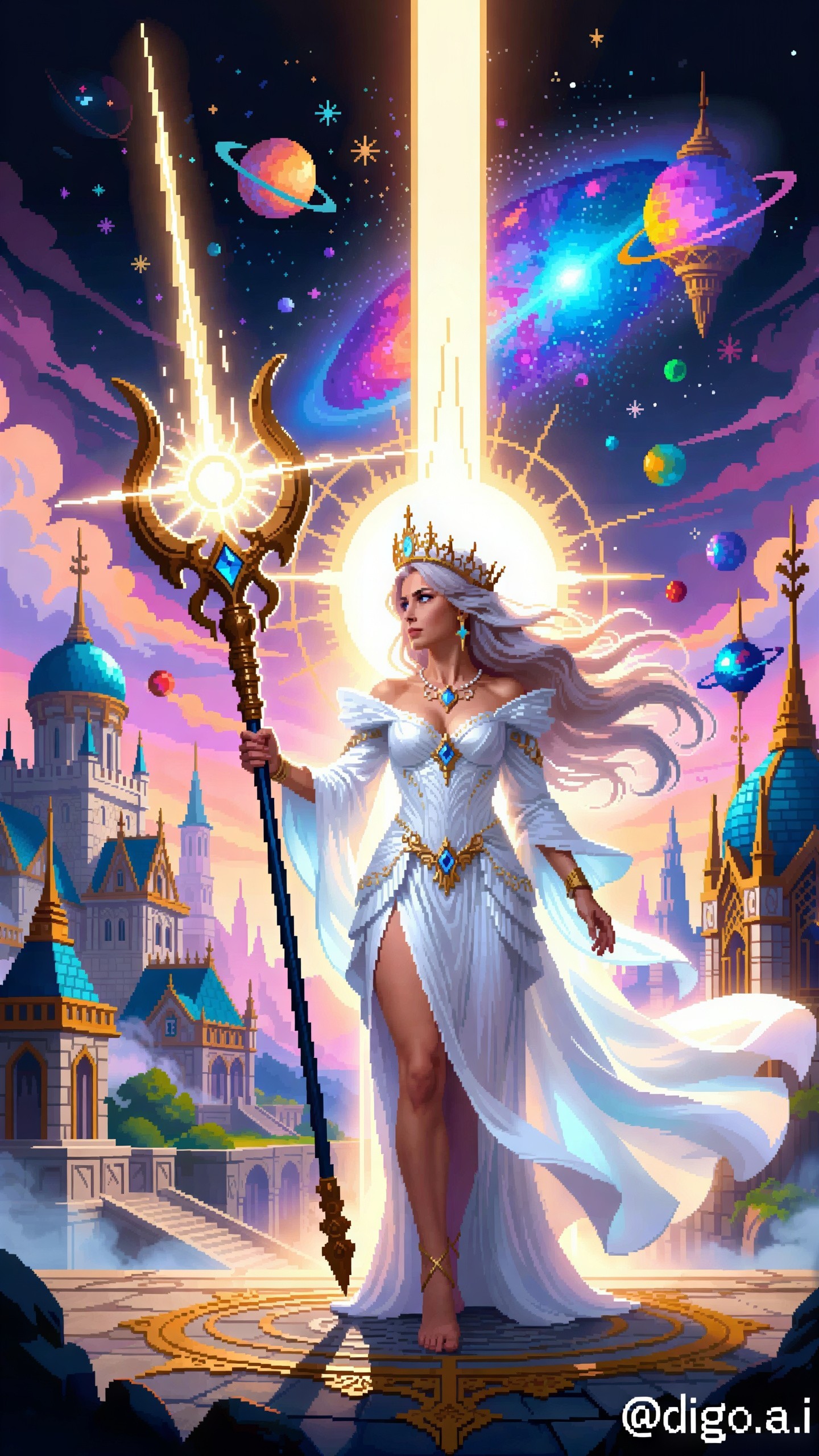 Radiant Queen in Pixel Art with Cosmic Background