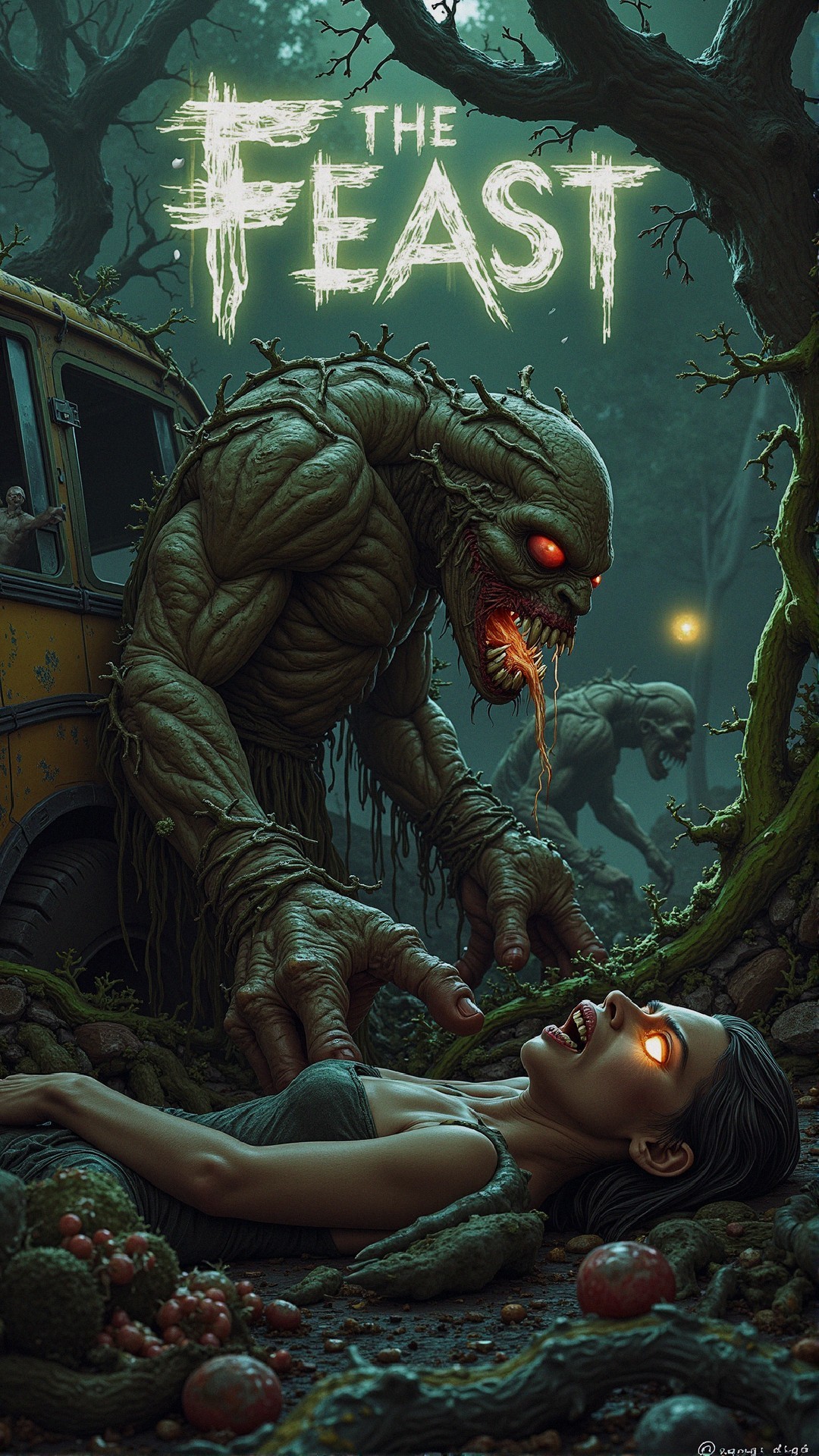 Grotesque Creature in Eerie Forest with Glowing Eyes