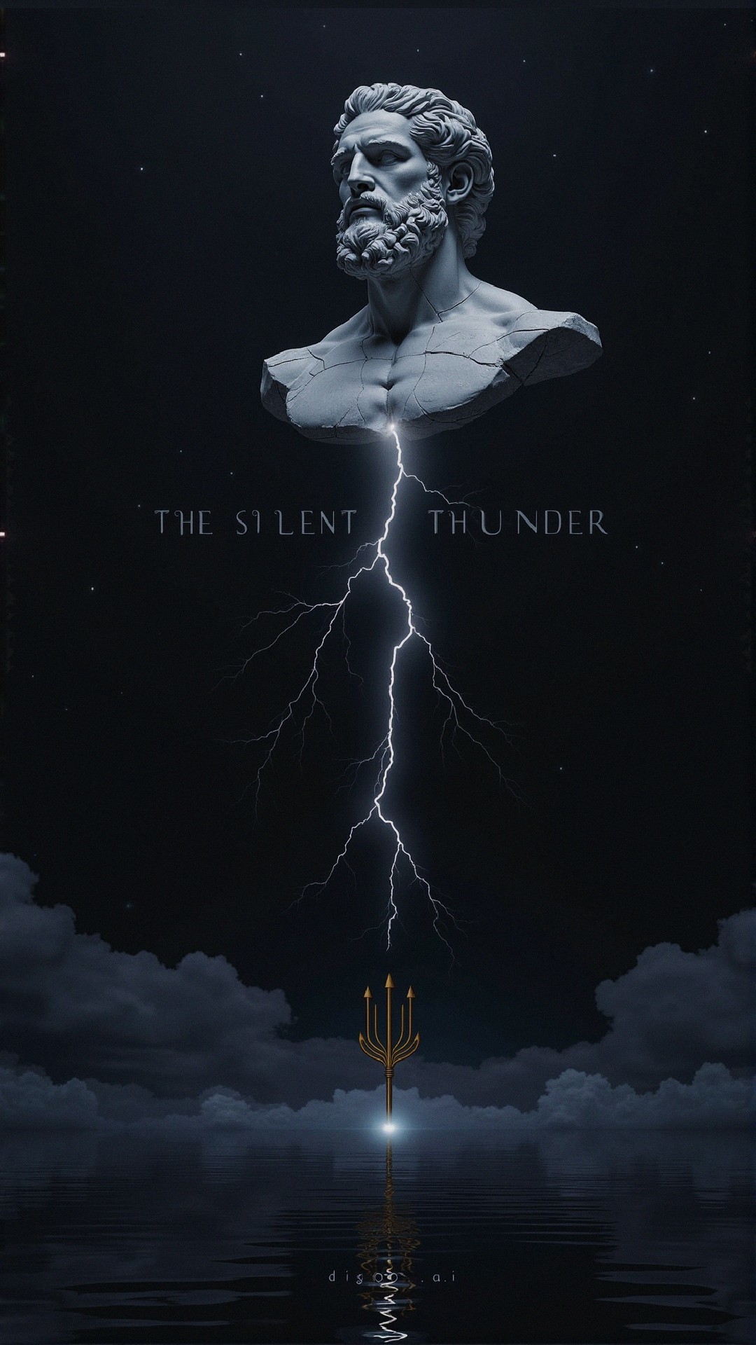 Dramatic Digital Artwork of Bearded Figure and Trident