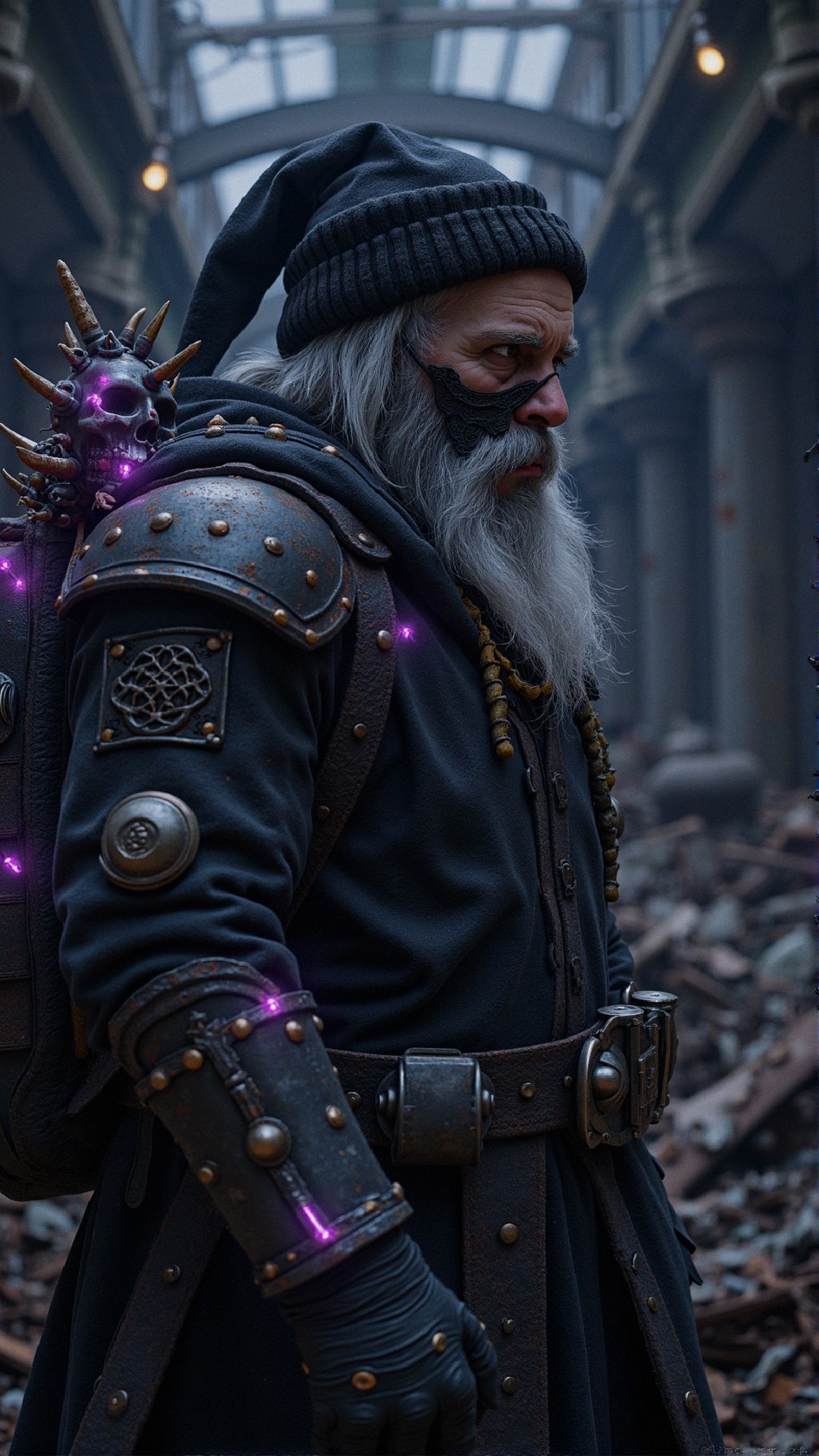 Rugged Elderly Figure in Dark Robes and Armor