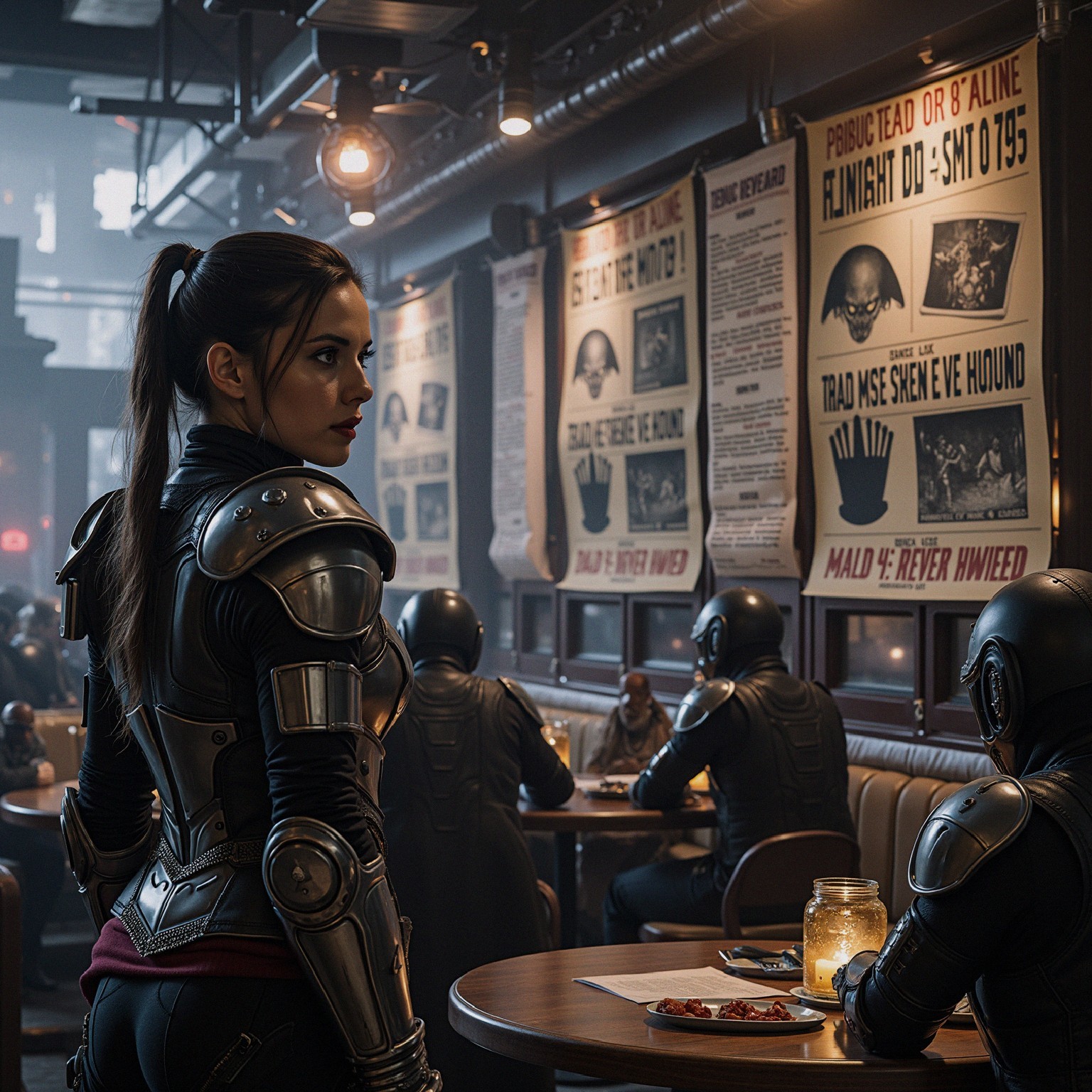 Futuristic Diner Scene with Armored Woman and Robots