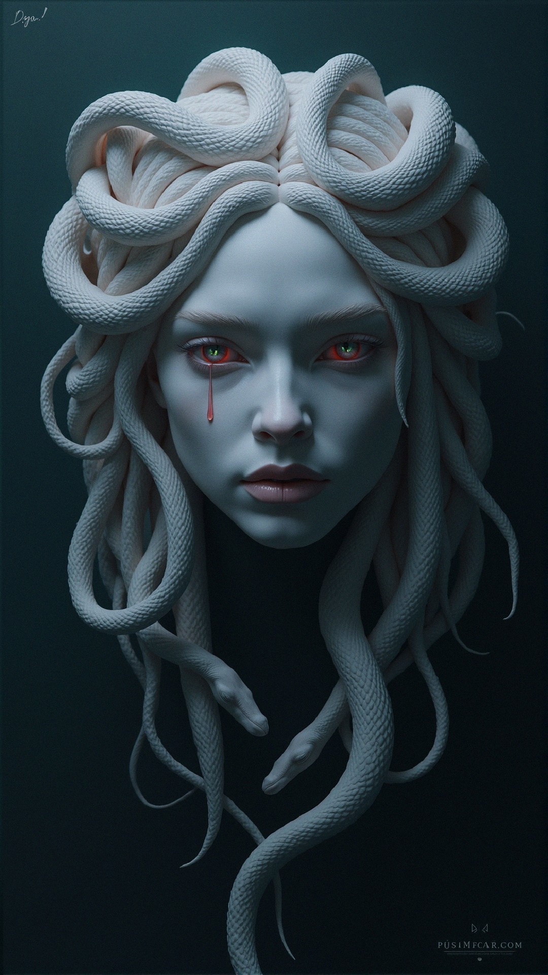Medusa Figure with White Snakes and Red Eyes