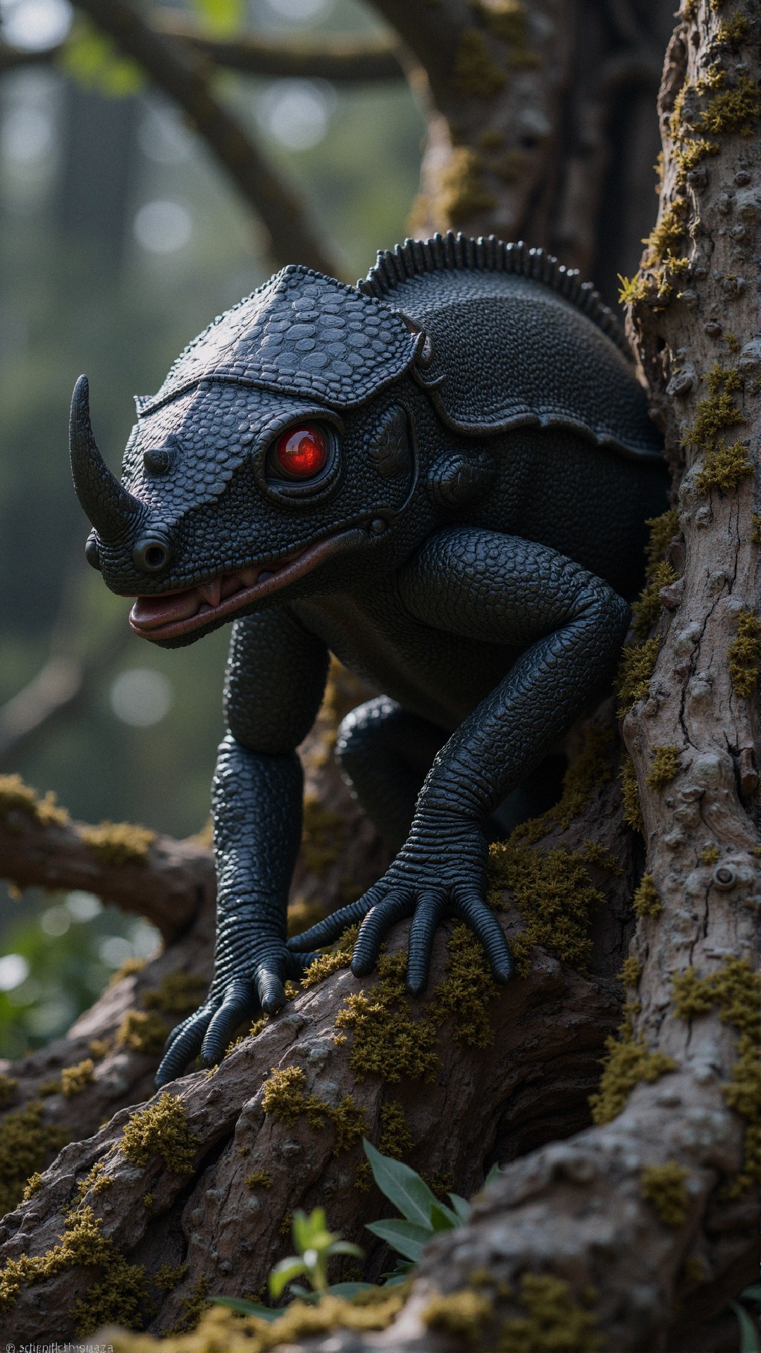 Fantastical Lizard-like Creature on Mossy Tree Branch