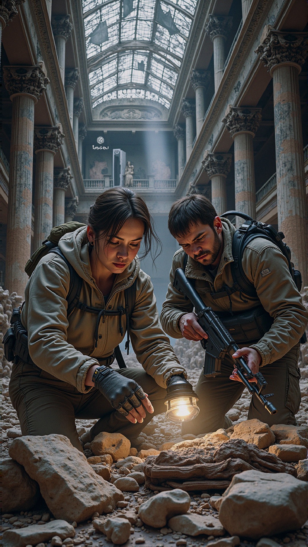 Explorers in an Abandoned Building with Tactical Gear