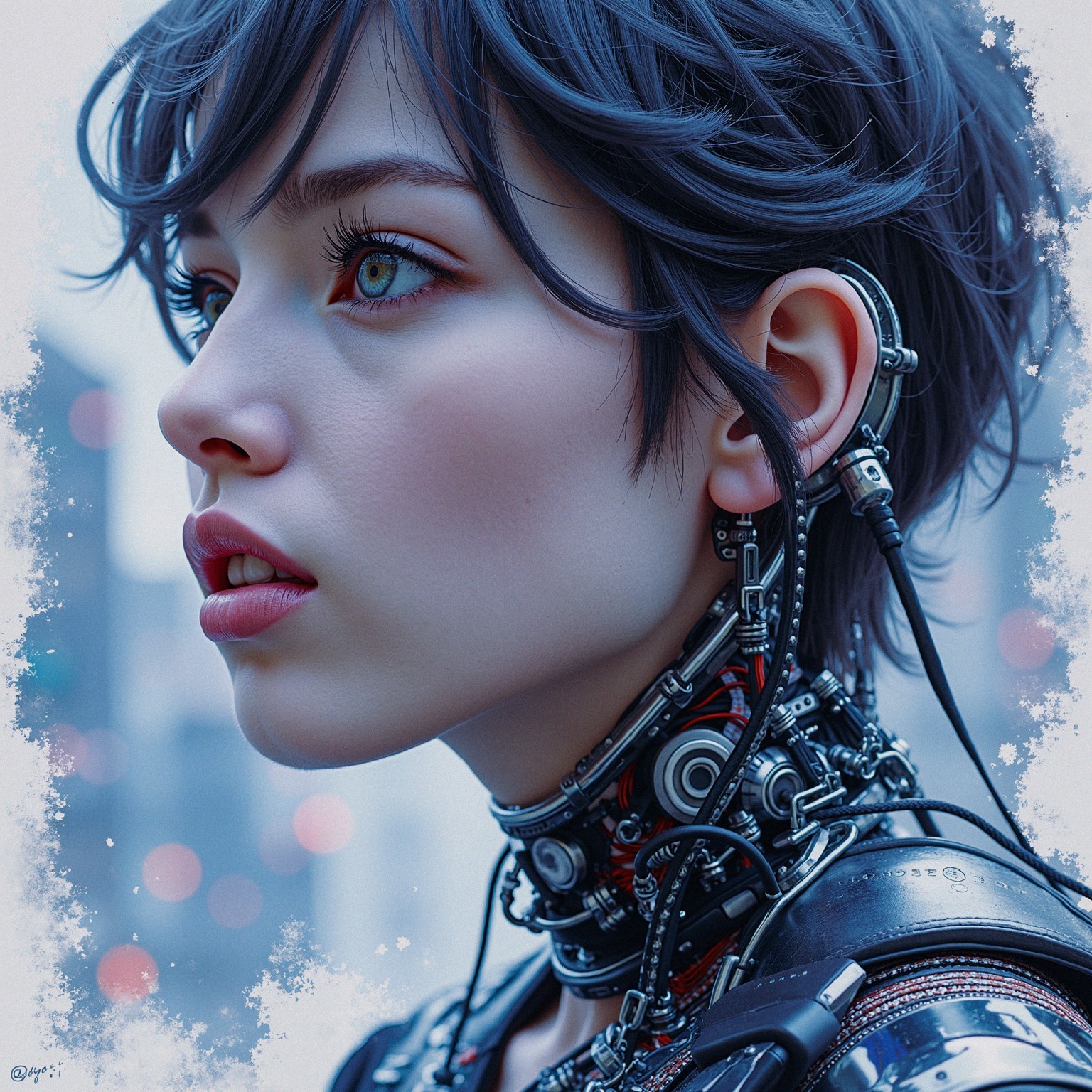Futuristic Close-Up of a Young Woman with Cybernetic Elements