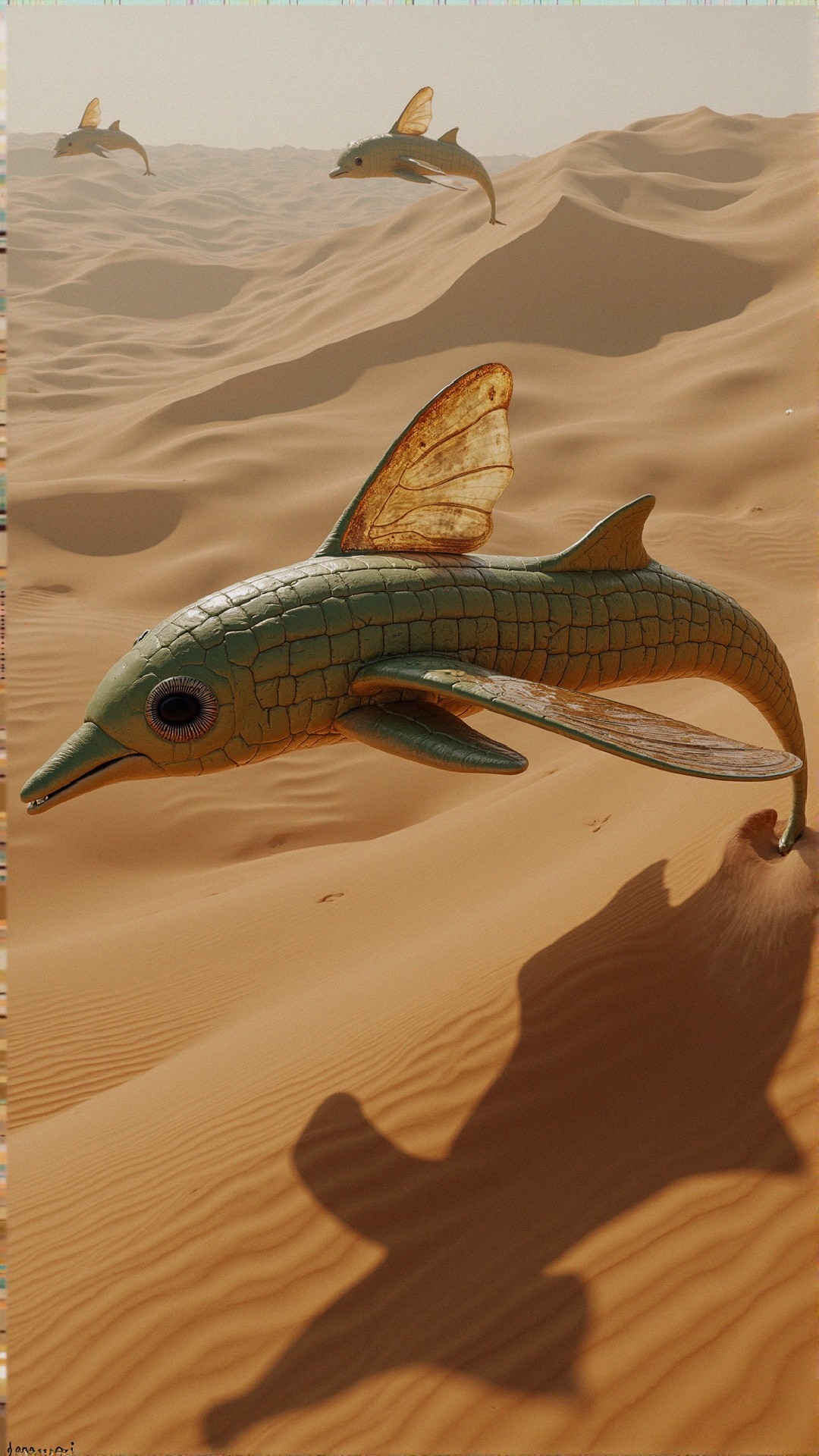 Surreal Winged Fish Over Golden Sand Dunes