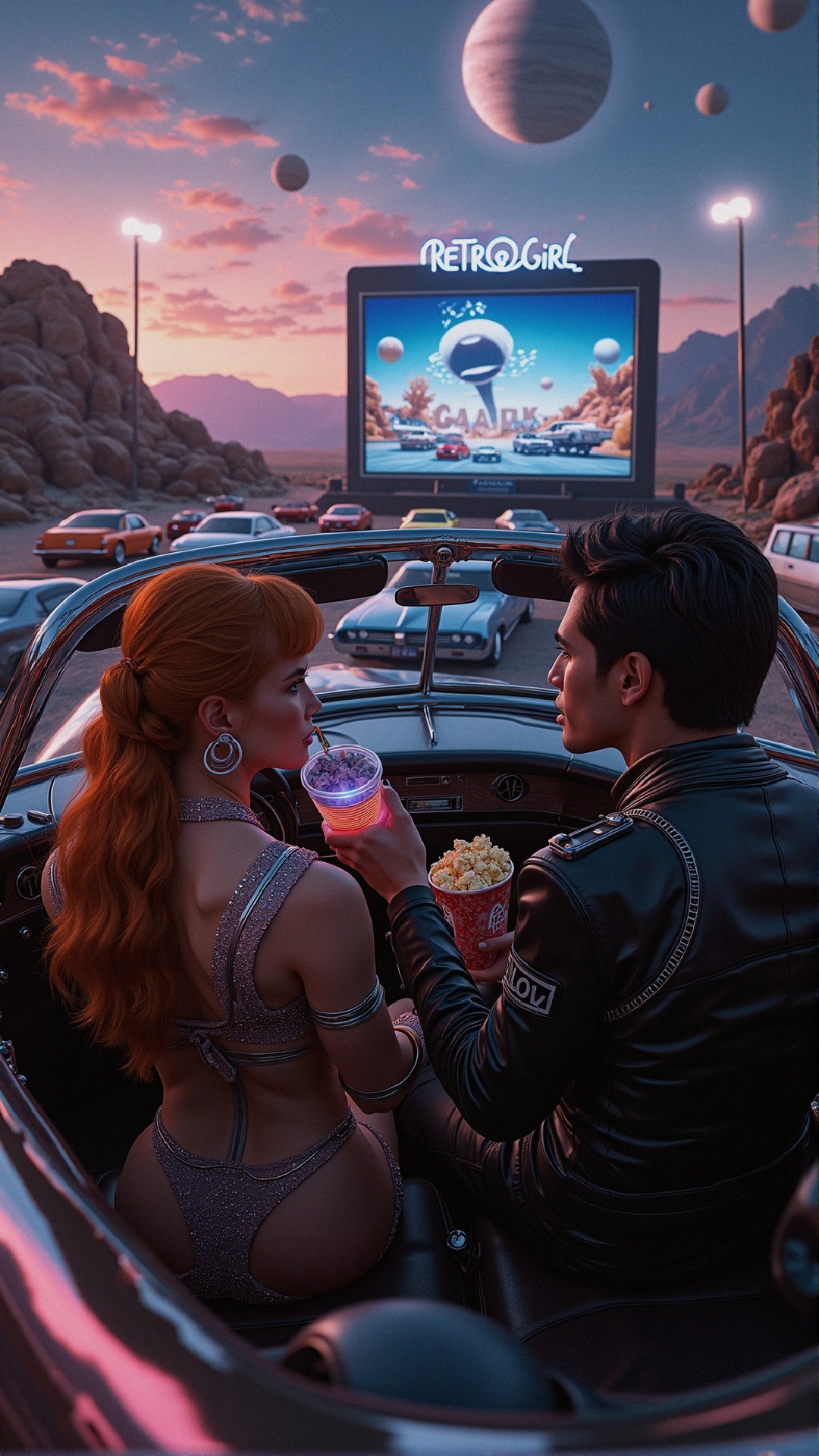 Couple in Vintage Car at Drive-In Cinema Sunset