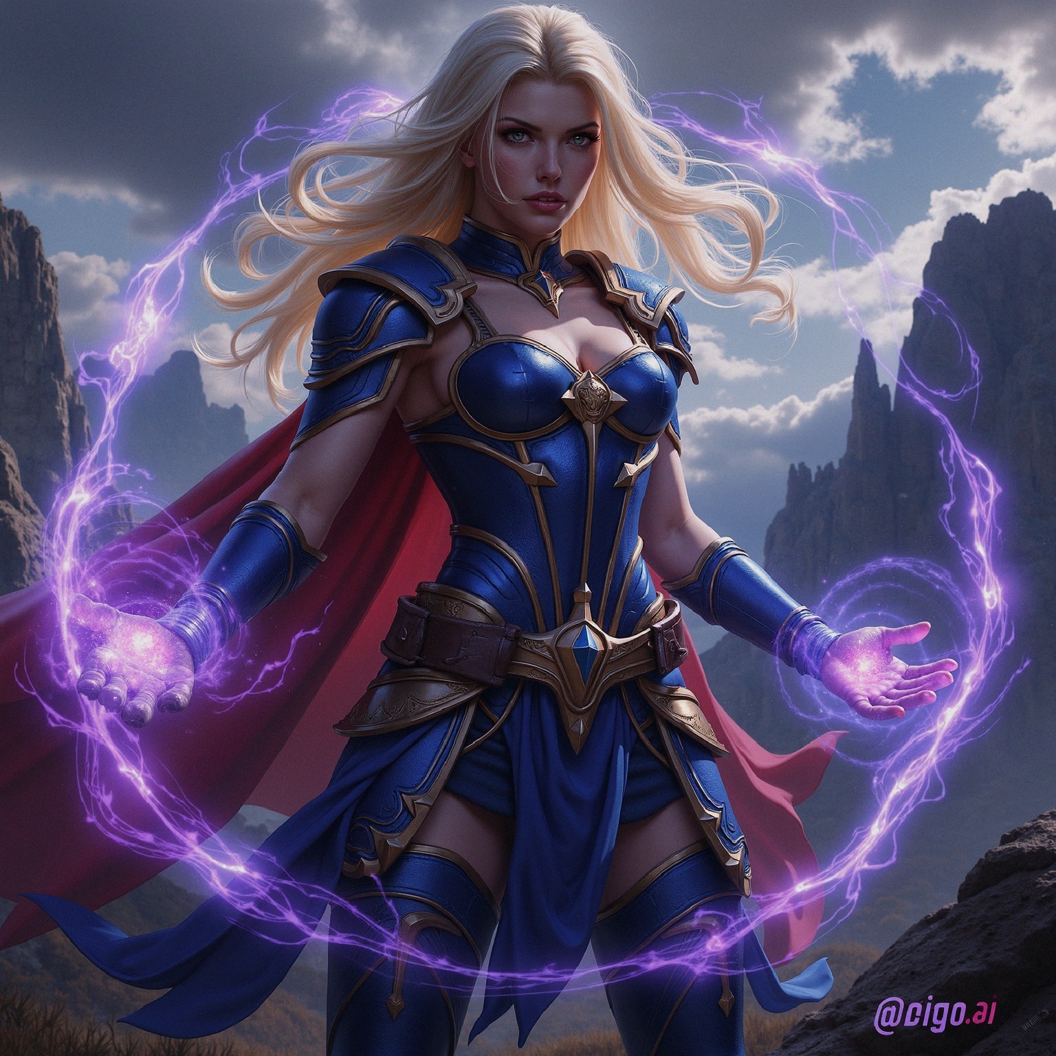 Sorceress in Blue and Gold Armor with Magic Orbs
