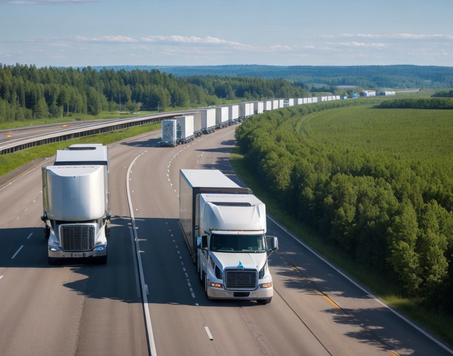Trucks on a sunlit highway with lush greenery