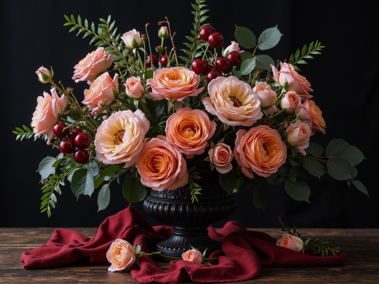 Peach and Coral Roses in Black Vase with Greenery