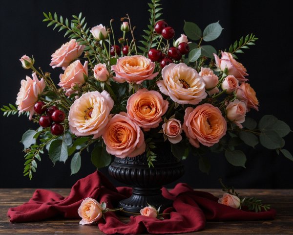 Peach and Coral Roses in Black Vase with Greenery