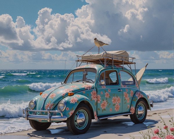 Vintage Blue Volkswagen Beetle at Sandy Beach Scene