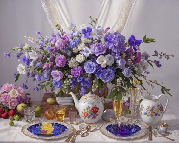 Elegant Tea Setting with Floral Centerpiece and Fruits