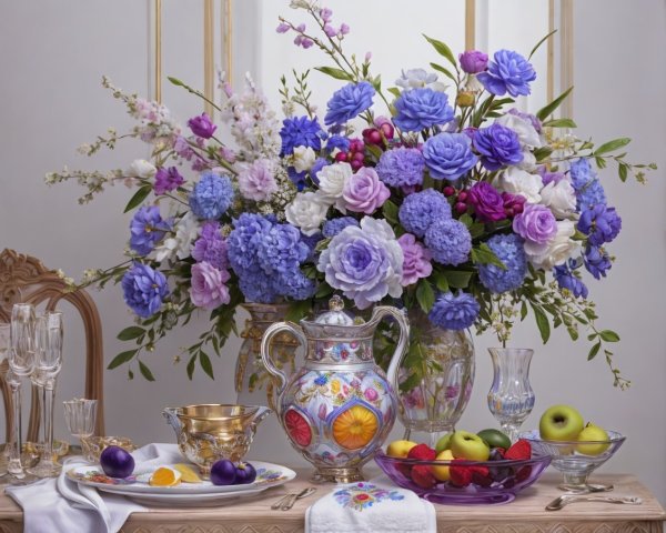 Elegant Table Setting with Floral Centerpiece and Fruits