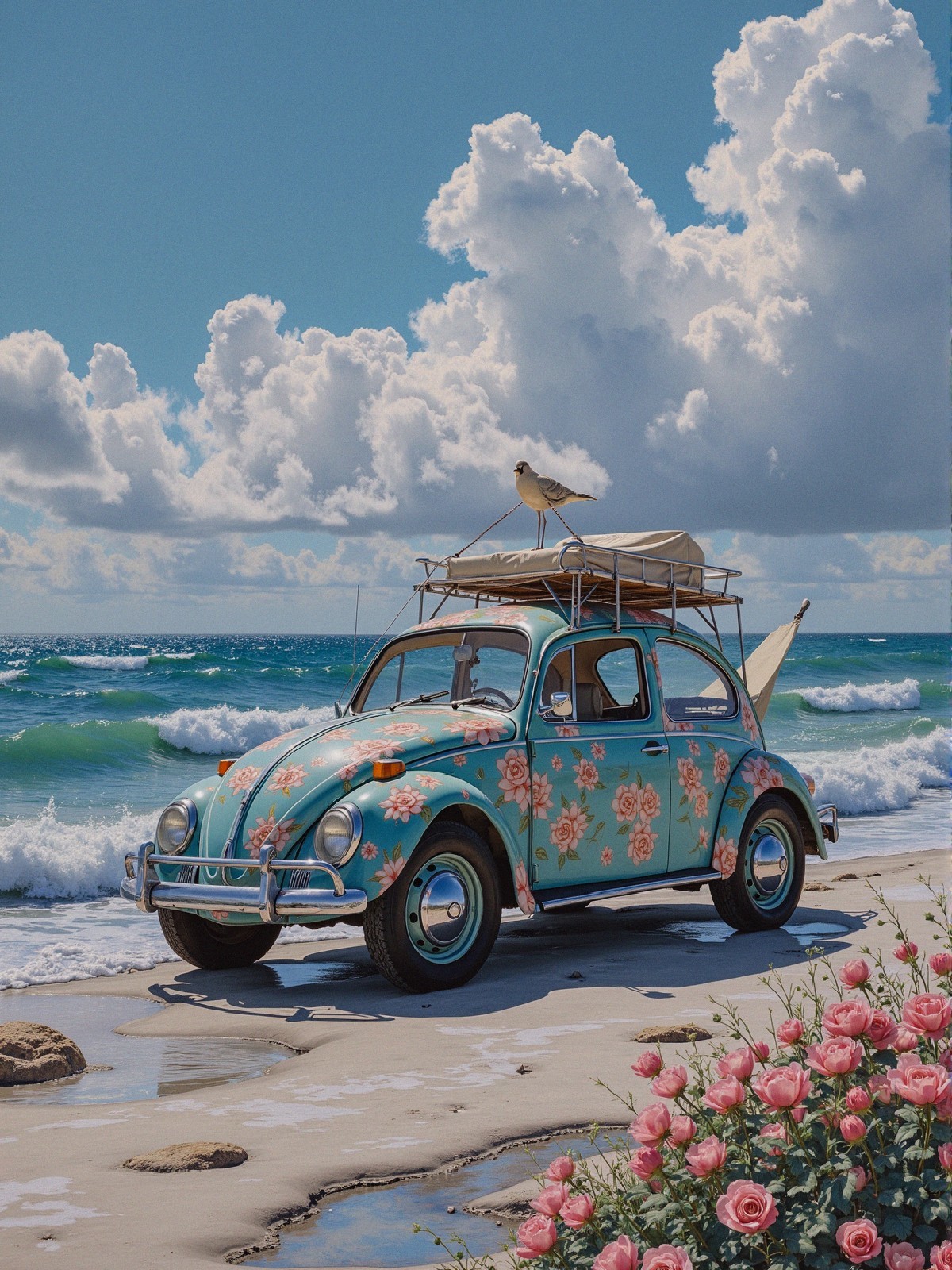 Vintage Blue Volkswagen Beetle at Sandy Beach Scene