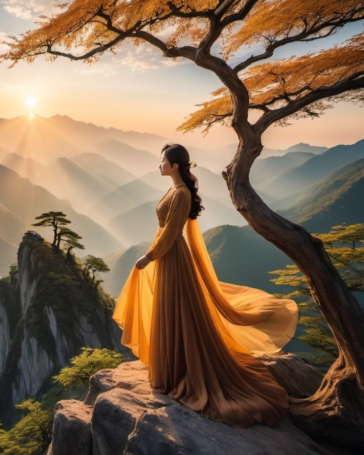 Golden Dress Under Autumn Tree with Mountain View