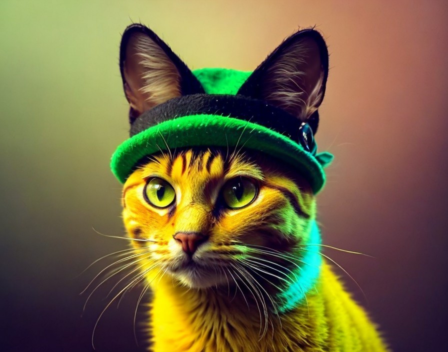 Tabby Cat with Yellow Eyes in Green Hat Background