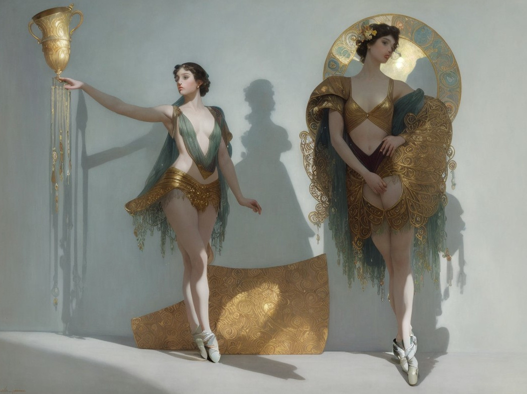 Mirrored Illustration of Woman in Ballet Pose with Trophy