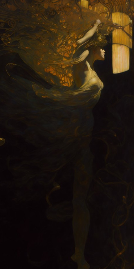 Ethereal Artwork of Woman with Golden Hair and Gown