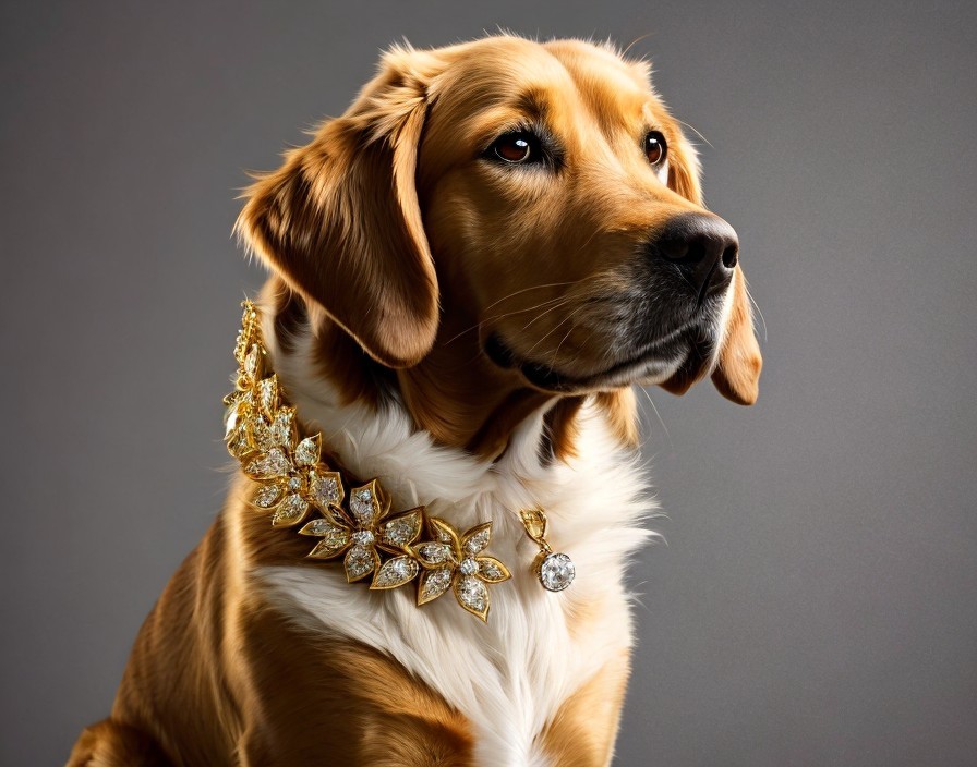 Golden Retriever Dog with Jeweled Necklace on Gray Background