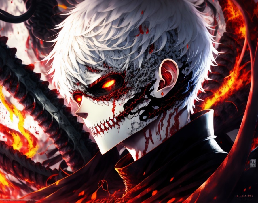 Intense Illustration of White-Haired Character with Flames
