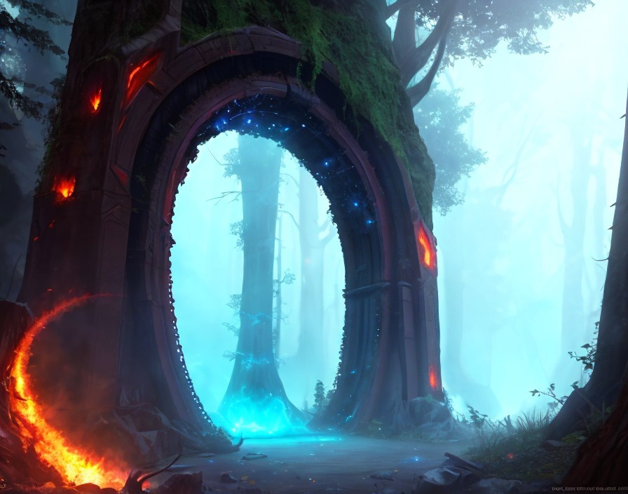 Ancient stone gateway with glowing runes in forest