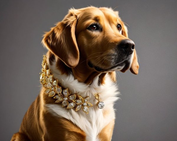 Golden Retriever Dog with Jeweled Necklace on Gray Background