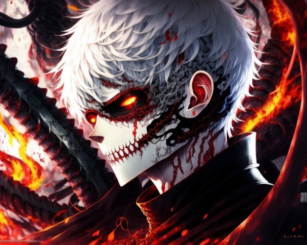 Intense Illustration of White-Haired Character with Flames