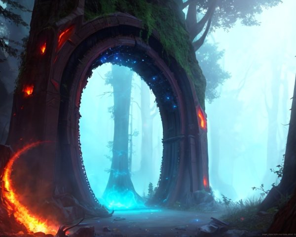 Ancient stone gateway with glowing runes in forest