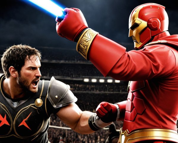 Warrior in Dark Armor Faces Opponent in Red Suit