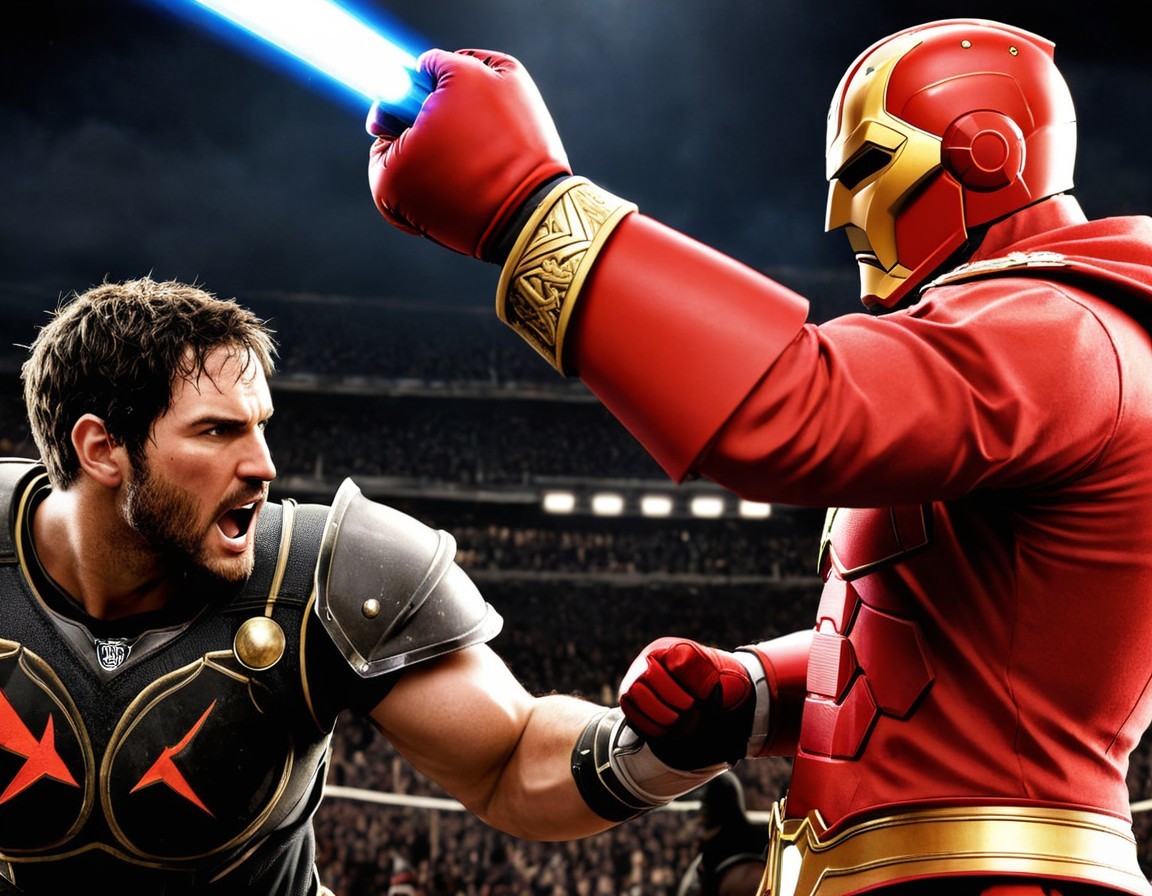 Warrior in Dark Armor Faces Opponent in Red Suit