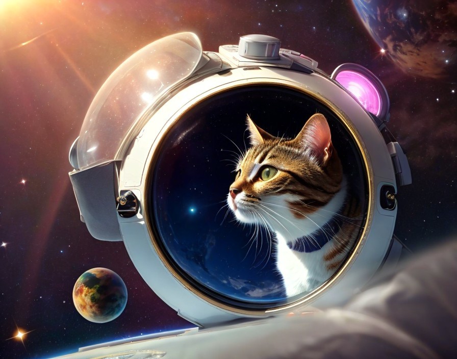 Cat in Astronaut Helmet Surrounded by Space Elements