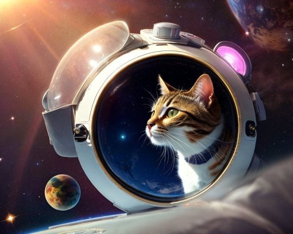 Cat in Astronaut Helmet Surrounded by Space Elements