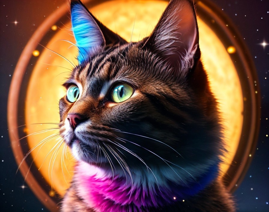 Vibrant Digital Art of Multicolored Tabby Cat in Space