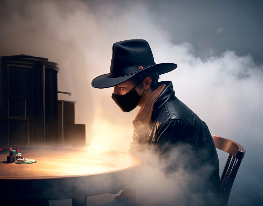 Mysterious Figure in Hat and Mask at Smoky Table