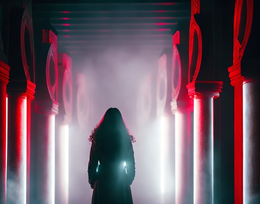 Mysterious Figure in Dimly Lit Corridor with Mist