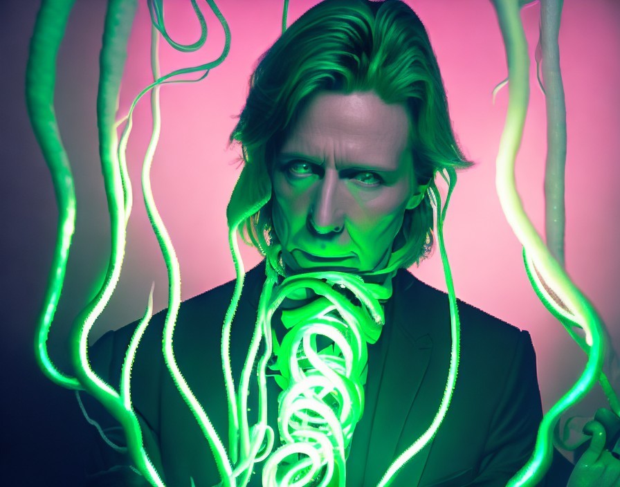 Portrait of a man with glowing green tendrils