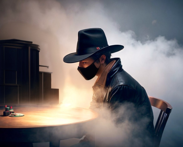 Mysterious Figure in Hat and Mask at Smoky Table