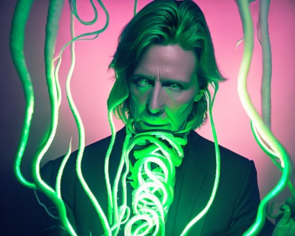 Portrait of a man with glowing green tendrils