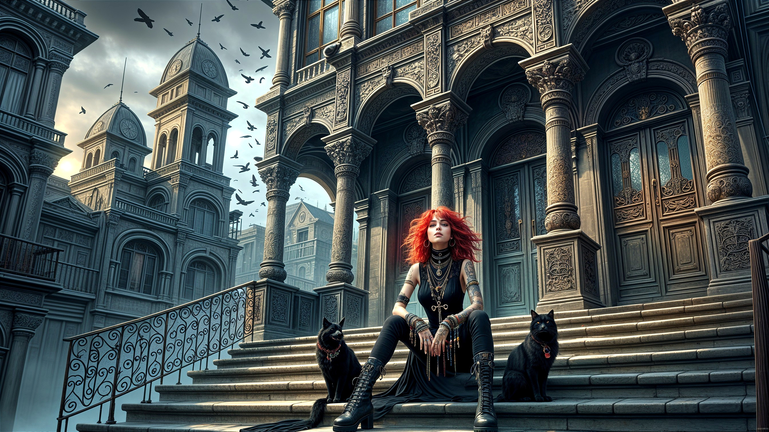 Gothic Scene with Woman, Cats, and Mystical Atmosphere