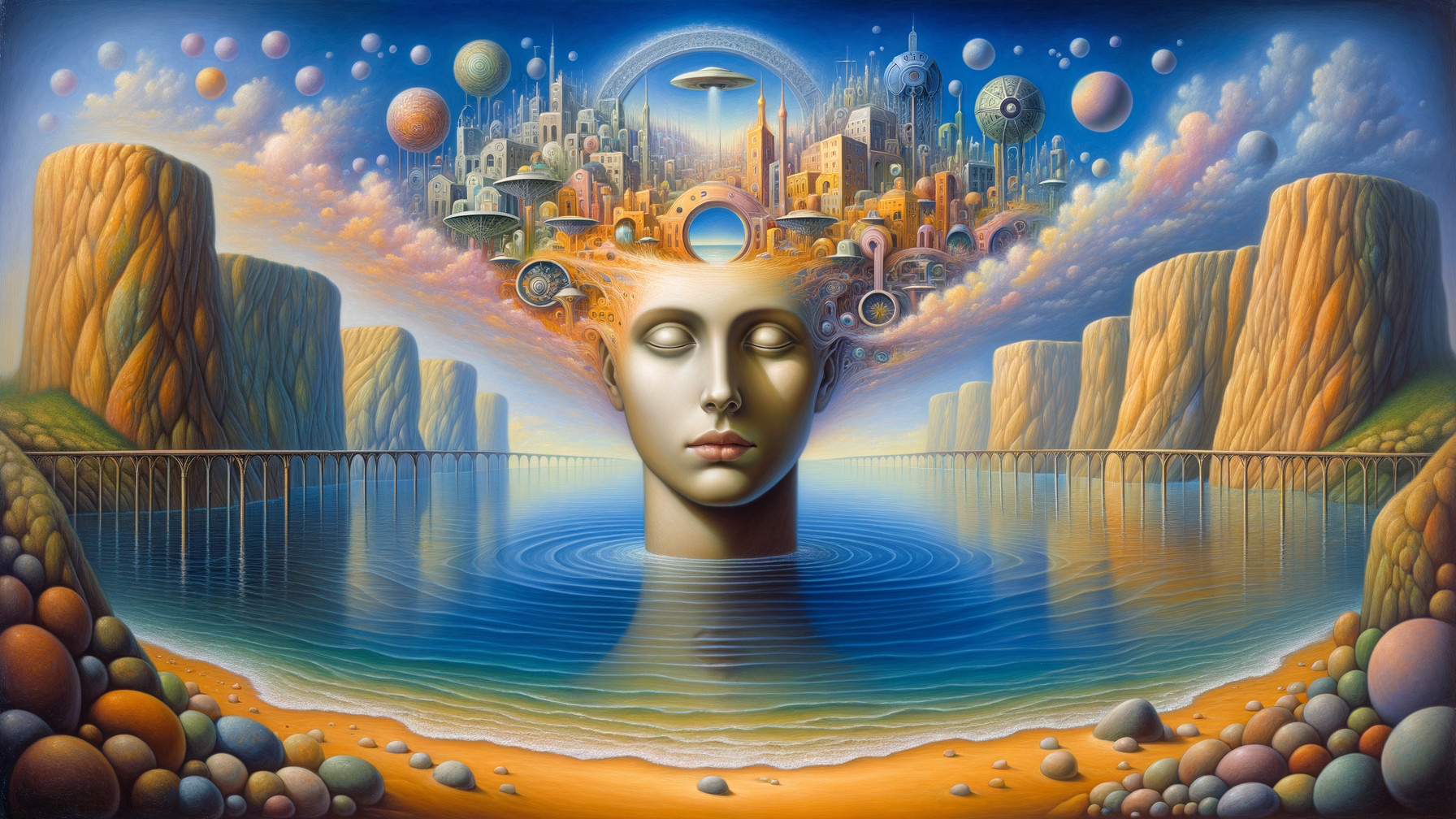 Surreal Landscape with Colossal Face and Cityscape