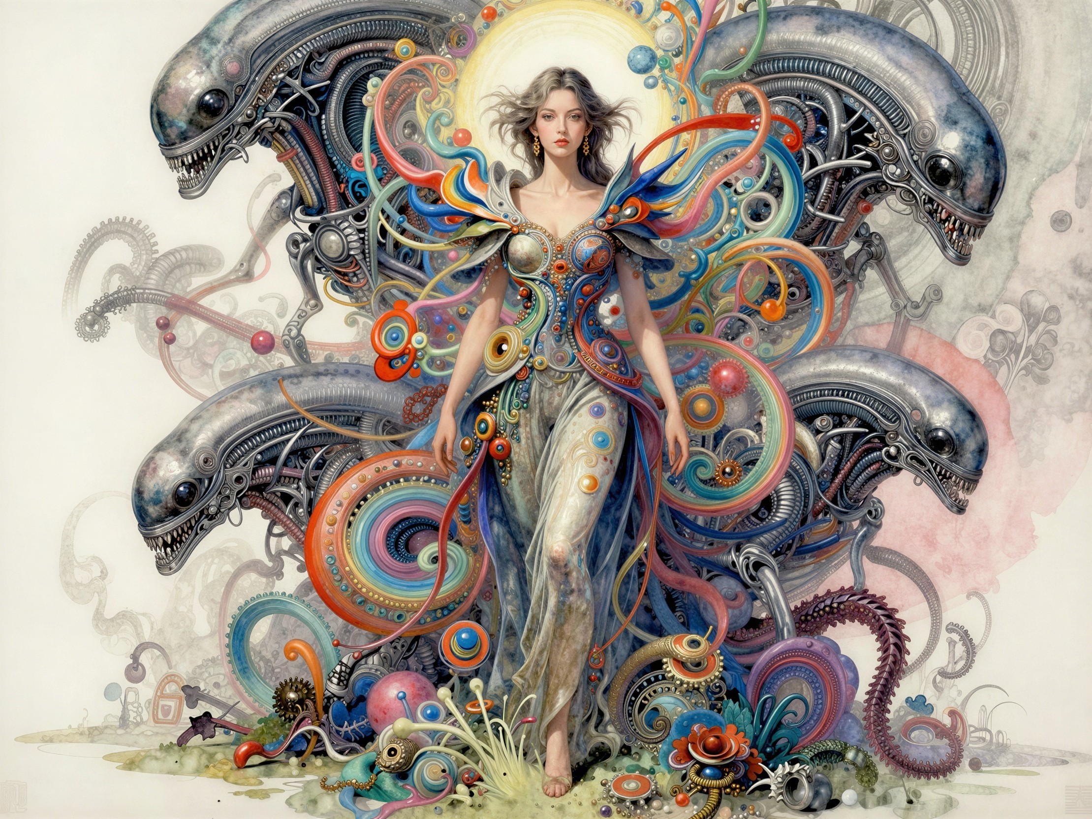 Digital Watercolor of Woman with Alien Creatures