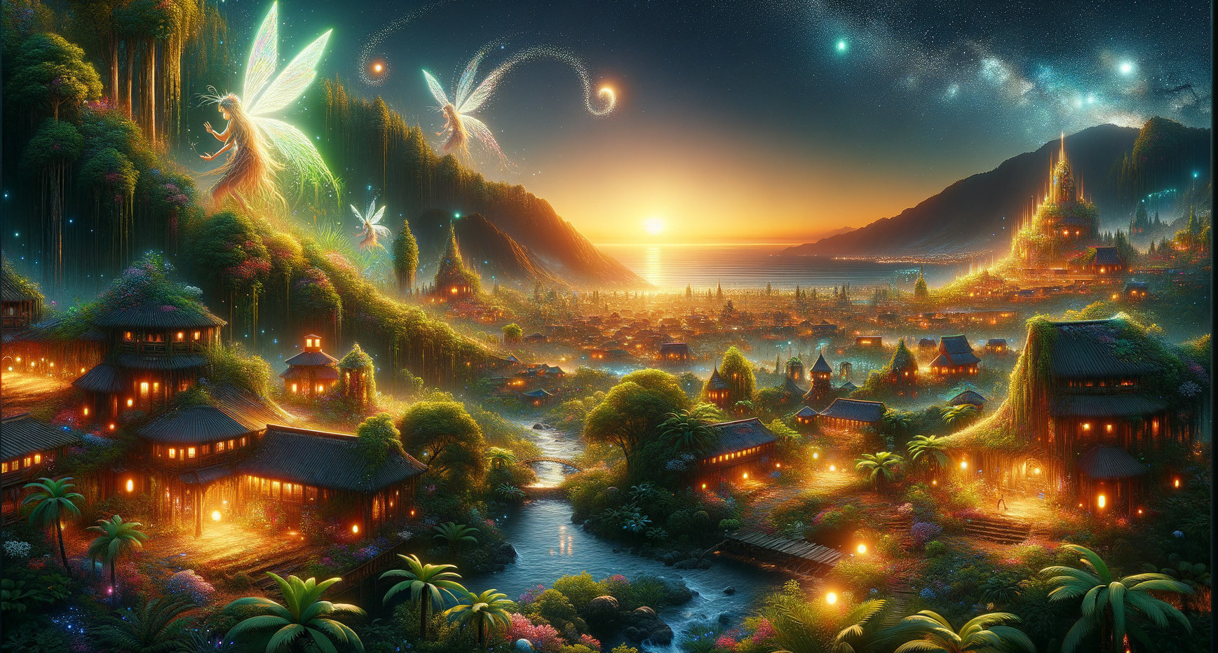 Magical Dusk Landscape with Fairies and Serene Village