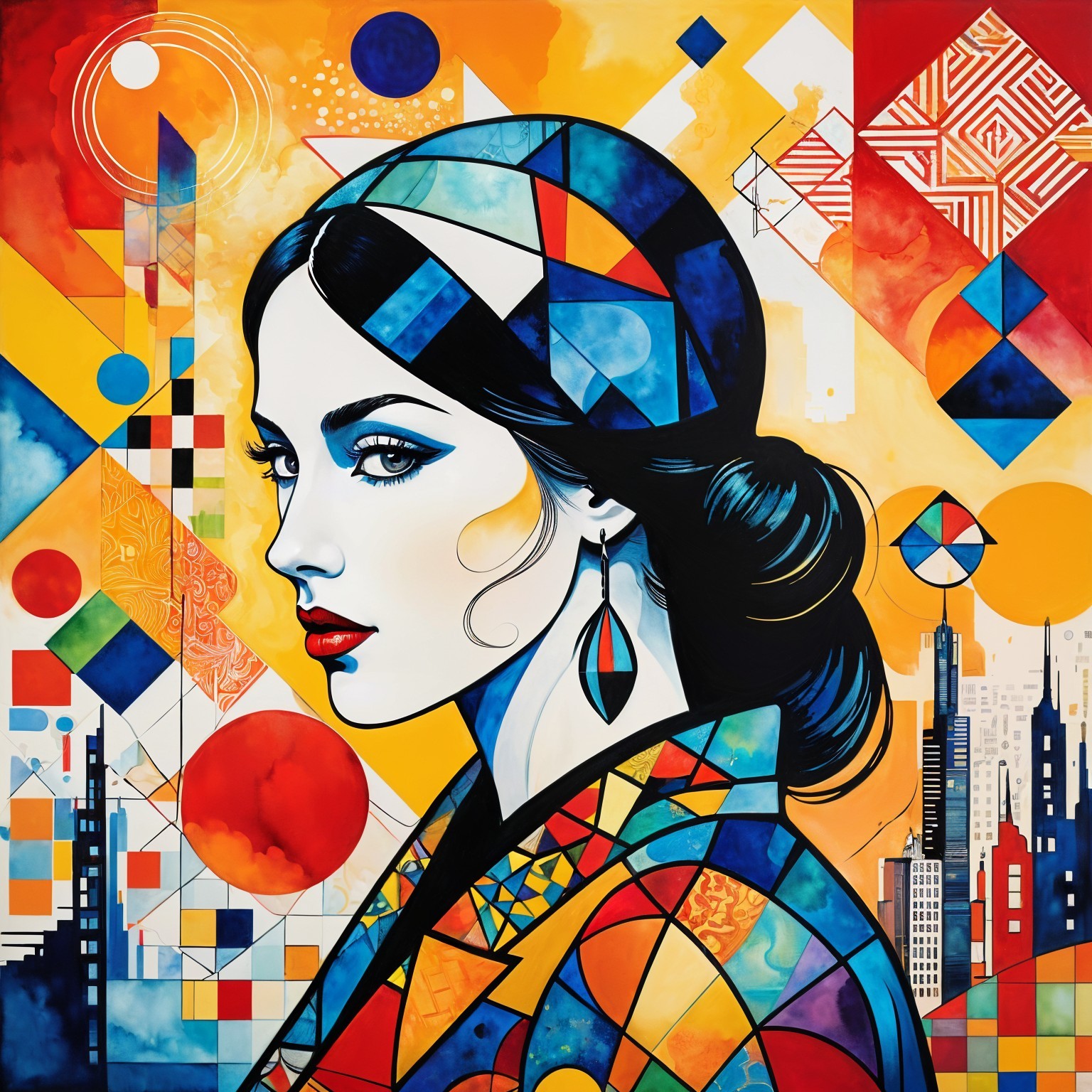 Stylized Portrait of a Woman with Geometric Patterns
