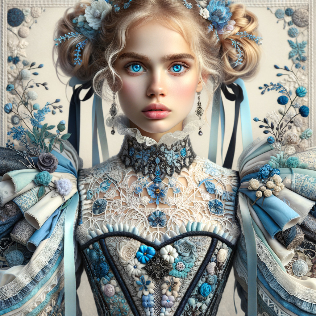 Young woman in floral gown with blue eyes and accessories