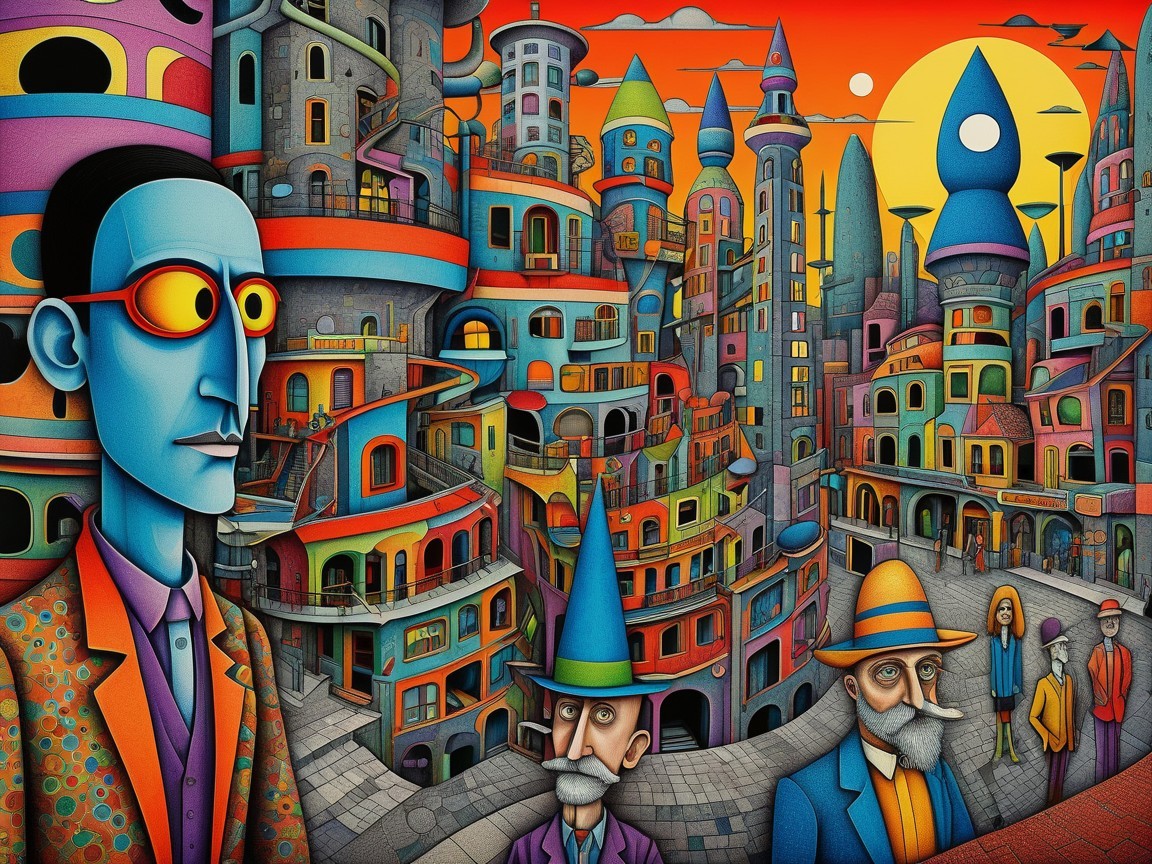 Surreal Cityscape with Whimsical Architecture and Characters